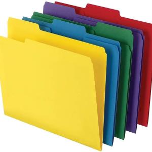 Staples File Folders - Assorted Colored, Letter Size, 3-Tab Top, Durable 10.5-Point Paper, 100-Pack for Office, School, Home