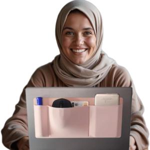 3-Pocket Organizer, mouse holder for laptop stick on – external hard drive sleeve for MacBook, laptop mouse holder (Pink)