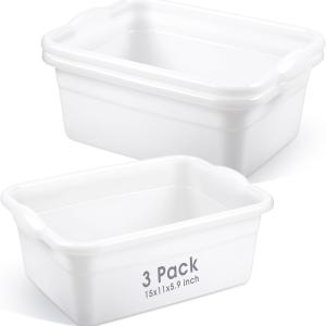 Honeydak 3 Pack Plastic Wash Basins 12 Quart Dish Pan Rectangular Wash Tub White Dishpan for Kitchen Bathroom Sink Face Washing Cleaning Foot Hospital Soaking Laundry Storage Cleaning Supplies