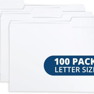 Blue Summit Supplies 100 White File Folders, 1/3 Cut Tab with Assorted Positions, Letter Size, White Paper Folders for Organizing and Easy File Storage, 100 Pack