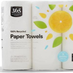 365 by Whole Foods Market, 100% Recycled Jumbo Paper Towels, Ultra-Strong, 135 Sheets per Roll, 3 Count