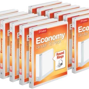 Cardinal Economy 3 Ring Binders, Binders for School and Office, Durable 1/2 inch Round Rings, Holds 125 Sheets, ClearVue Presentation View, Non-Stick, White, Carton of 12 (90601)