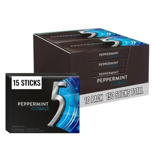 5 GUM Peppermint Cobalt Sugar Free Chewing Gum Bulk, Stimulate Your Senses While Listening to Your Favorite Music, Mini Purse Essentials, 15 Sticks (Pack of 10)