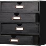 Wooden Storage Box Rustic Desktop Organizer with 4 Drawers Office Desk Accessories Shelf Small Craft Storage Containers Apothecary Cabinet and Chest Jewelry Holder for women(BLACK)