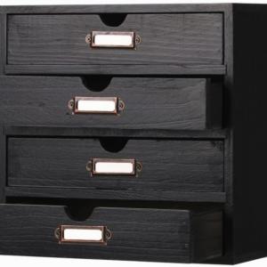 Wooden Storage Box Rustic Desktop Organizer with 4 Drawers Office Desk Accessories Shelf Small Craft Storage Containers Apothecary Cabinet and Chest Jewelry Holder for women(BLACK)