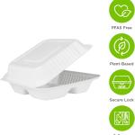 KARAT EARTH Clamshell Take Out Food Containers [8"x8", 200 ct ] 3 Compartments | Compostable To Go Containers, Natural Biodegrable Bagasse | White