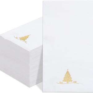 100PCS Christmas Gold Napkins Disposable - Heavy Duty Christmas Tree Napkin - Yule Paper Hand Towels - Xmas Gold Napkin for Kitchen Bathroom Noel Parties Dinners and Events