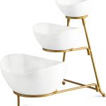 YHOSSEUN 3 Tier Serving Stand Oval Serving Bowl with Metal Rack, Tied Serving Bowls Food Display Dessert Appetizer, Chip and Dip Serving Bowl Set for Parties, Gold-45oz / 17.5oz / 7oz