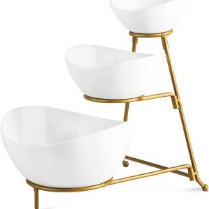 YHOSSEUN 3 Tier Serving Stand Oval Serving Bowl with Metal Rack, Tied Serving Bowls Food Display Dessert Appetizer, Chip and Dip Serving Bowl Set for Parties, Gold-45oz / 17.5oz / 7oz