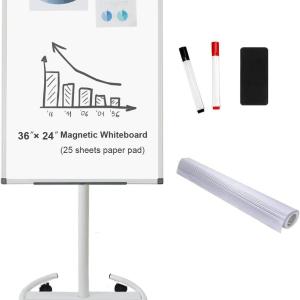 BIBOC Mobile Dry Erase Board – 36x24 inches Magnetic Portable Whiteboard Stand justable Easel White Board Flipchart Easel Board with 25 Sheets Paper P 1 Eraser, 2Markers (24x 36 inches)