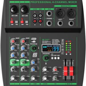 MW-4 Professional 4-Channel Portable Sound Console Bluetooth 5.0 USB Sound Card 99 Audio Sounds Live Karaok DJ Recording (with Phantom Power)