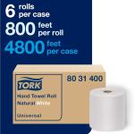 Tork Hand Towel Roll Natural White H80, Universal, 100% Recycled Fiber, 6 Rolls x 800 ft, 8031400, 6 Count (Pack of 1)