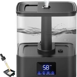KZF Top Fill Humidifiers for Bedroom & 60H Runtime - Cool Mist Humidifier, 3 Mist Levels, 8H Timer, Essential Oil Tray, Humidity Display, Quiet for Bedroom, Baby, Plants, Large Room (Black, 4L)