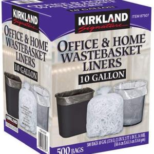 Kirkland Signature RutaVm 10 Gallon Clear Plastic Trash Bags, 23 x 25 Inches, 0.34 Mil, 125/Roll, 4 Rolls/Case (500 Bags Total, bulk packaging)