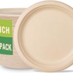 GreenWorks 100 Count 9“ Heavy-duty Compostable Plates, Unbleached Biodegrable Bagasse and Bamboo fiber Paper Plates