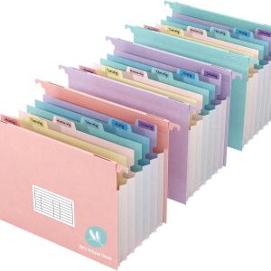 Expanding Hanging File Folders for Filing Cabinet, 7 Accordion Pockets, 1.2'' Expandable, Multi-Color Tabs, Letter Size, 50% Wheat Straw, 3 Pack (Assorted Pastel)