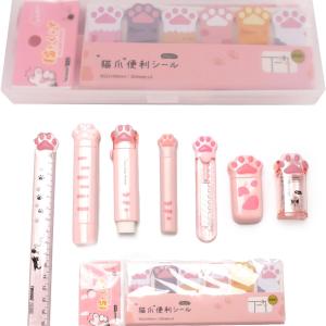 9 Pcs Cute Cat Paw Stationery Set Pencil Sharpener Retractable Eraser Correction Tape Sticky Notes Ruler Mini Scissors Utility Cutter School Office Supplies (Pink)