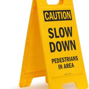 SmartSign - SF-0292-FB-25x12 Caution - Slow Down, Pedestrians In Area Folding Floor Sign By | 25" x 12" Plastic Black on Yellow