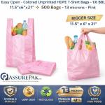 ASSUREPAK Pink HDPE T-Shirt Plastic Bags for Retail, Groceries, Merchandise, Convenience Store, Supermarket, Restaurant - 1/6 BBL, 11.5"X6"X21" - Pack of 500 Bags, 13 Microns - Unprinted (Pink)