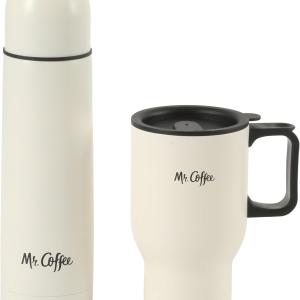 Mr. Coffee 4-Piece Insulated Drinkware Set — Stainless Steel Thermos, Travel Mug with Handle, Cup & Lid for Hot & Cold Drinks - Linen White
