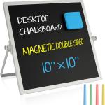 Small Magnetic Chalk Board 10"X10", Desktop Standing/Wall Hanging Chalkboard with 4 Chalks & 1 Eraser, Tabletop Double-Sided Portable Mini Black Board Easel for Office Desk, Kids Home School Students