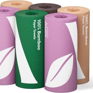 Aware 100% Bamboo Paper Towels, 6 Rolls, 2 ply, FSC Certified, 150 Sheets, 900 Count, Plastic-Free, Multicolor