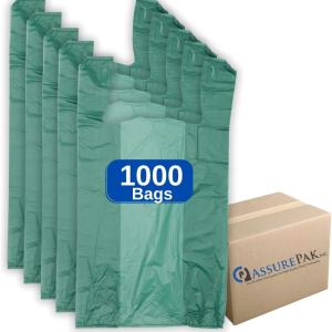 ASSUREPAK Easy Open - 1000 Bags- Colored Unprinted HDPE T-Shirt Bags - 1/6 BBL 11.5"X6"X21"- 13 microns - Green - Perfect for Groceries, Shopping and Retail Stores LOOP-GREEN-EO