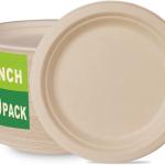 GreenWorks 100 Count 9“ Heavy-duty Compostable Plates, Unbleached Biodegrable Bagasse and Bamboo fiber Paper Plates