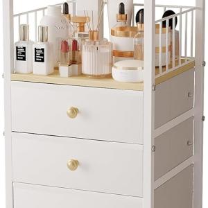 Makeup Organizer Cart with Drawers, Make up Organizers for Vanity, Floor Skincare Organizers- for Cosmetics, Nail Polish, Art Supply, Bathroom Vanity Desktop Organizer (White)