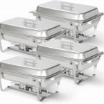 Alpha Living 4 Pack Chafing Dish Full Set – Stainless Steel Catering Chafer with Lids, Pans & Fuel Holders – Buffet Food Warmers for Parties, Events & Weddings – Alpine Gray Handles