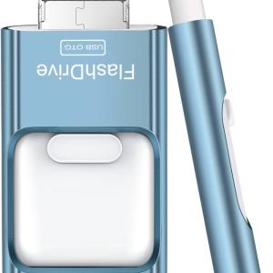 Flash Drive for iPhone 256GB, 4 in 1 USB Type C Memory Stick, Photo Stick External Storage Thumb Drive for iPhone iP Android Computer, Sky Blue
