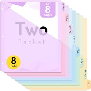 Forvencer 8 Count Dividers with Two Pockets, 8 tab Binder Dividers for 3 Ring Binder Organizer, Binder Divider with Tabs for School Office and Home Organization, Multicolor, 1 Set