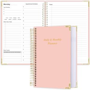 Undated Daily Monthly Planner for 2026 or Anytime - A5 To Do List with Hourly Schedule, Hardcover Spiral Bound Daily Planner to Increase Focus, Stylish School/Office Supplies, 5.8" x 8.5", Pink
