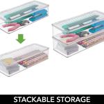 mDesign Office Supplies Desk Organizer Box with Lid for Staplers, Scissors, Pens, Sticky Notes, Highlighters, Tape - 3" Tall, Long, Clear