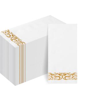 Goodluck 100-Pack Linen-Feel Disposable Guest Towels – Soft and Absorbent Paper Hand Towels for Bathroom or Kitchen – Elegant White Napkins with Gold Design for Parties, Weddings, Dinners Events