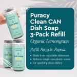 Puracy Dish Soap Clean Can Bundle - Starter Set and 3 Pack Refill, Non-Toxic Dish Soap Plant-Powered Dishwashing Soap, Natural Dish Soap Liquid - Green Tea & Lime and Organic Lemongrass