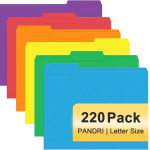 File Folder, PANDRI 220 Pack Colored File Folder, 1/3 Cut Tabs, Letter Size, Assorted 6 Colors Filing Folder for Office School Business