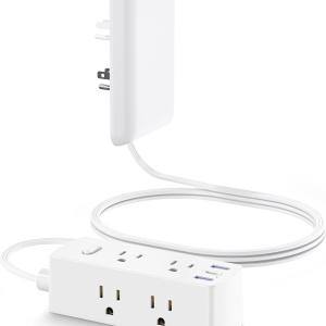 Flat Extension Cord with Outlet Cover, Flat Plug Power Strip with 6 Outlets and 3 USB Ports, 2000 Joules Surge Protector, 5 FT Cord Hidden Outlet Extender for Tight Spaces, White