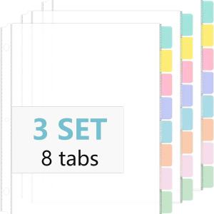 3 Set Clear Binder Dividers with Tabs, 8 Tab Plastic Sheet Protectors for 3 Ring Binder Letter Size, 8.5x11 Binders Dividers with Pockets and Tabs, White Divider for Home, Office, School (Pastel)