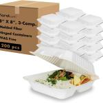 KARAT EARTH Clamshell Take Out Food Containers [8"x8", 200 ct ] 3 Compartments | Compostable To Go Containers, Natural Biodegrable Bagasse | White