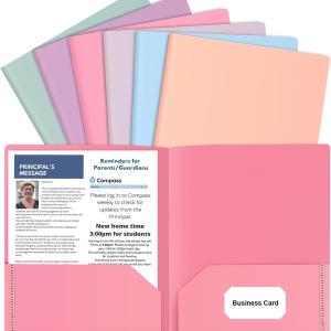 HABGP 6 Pack Colored File Folders with Pockets and Business Card Holder, Pastel Decorative Pocket Folders for Documents, Cute Plastic Folders for Filing Cabinet, School, Office, Resume Portfolio