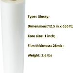 12.5 in x 656 ft Glossy Thermal Laminating Film, 1" Poly-in Core for Hot Roll Laminating Machine 28 mic Thickness