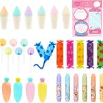 28 Pcs Mini Highlighter with Sticky Notes, Candy Pastel Highlighter, Cute Chisel Tip Marker Pen, Colourful Kawaii Carrot Cone Pencil Lollipop Shape Pens for Writing Drawing Diary