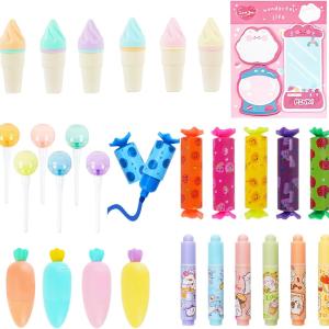 28 Pcs Mini Highlighter with Sticky Notes, Candy Pastel Highlighter, Cute Chisel Tip Marker Pen, Colourful Kawaii Carrot Cone Pencil Lollipop Shape Pens for Writing Drawing Diary