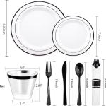 WELLIFE 210Pcs Black Plastic Dinnerware with Pre Rolled Napkins, Include:30 Dinner Plates, 30 Dessert Plates, 30 Paper Napkins, 30 Cups, 90 Plastic Cutlery