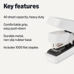 Basics Office Heavy Duty Stapler, Flat Clinch Effortless, 40 Sheet Capacity, 1000 Staples, No Jam, for Classroom, Office or Desk Use, White, 4.76 x 1.42 x 3.39 inches (LxWxH)