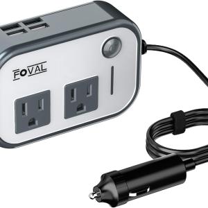 200W Car Power Inverter, FOVAL 12V DC to 110V AC Car Inverte with 4 USB Ports Car Outlet apter, Power Inverter for Vehicles, Car Plug apter Outlet for Laptop Computer Charger (Gray)