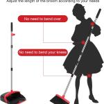NACENA Broom and Dustpan Set, 52-in Long justable Handle Broom Dustpan Combo with Dustpan Teeth to Automatically Clean Hair Suitable for Home Kitchen Office Hall Floor（Black&Red）