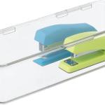 mDesign Office Supplies Desk Organizer Box with Lid for Staplers, Scissors, Pens, Sticky Notes, Highlighters, Tape - 3" Tall, Long, Clear