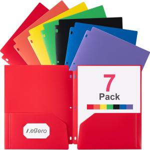 Plastic 3 Hole Punch Folders with Pockets (7 Pack, Assorted Colors), Fits 3-Ring Binder, Divider Folder for Notebook, Durable Poly，Holds US Standard 8.5x11 Letter Size Paper